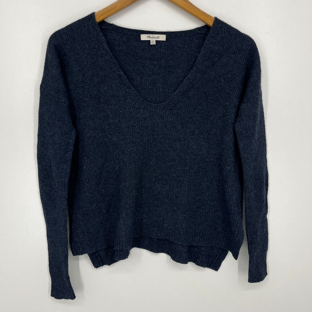Madewell Sweater Women's Size 2XS Blue Ribbed Knit V-Neck Viscose Wool Blend
